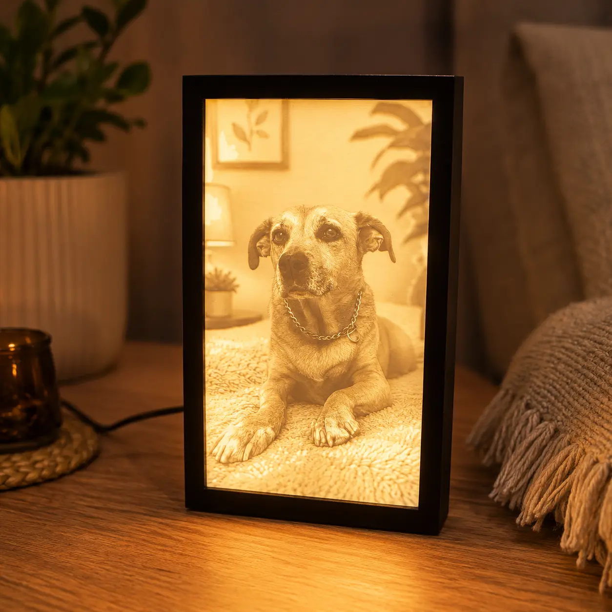 Luminária litofane retrato com foto de cachorro acesa na mesa