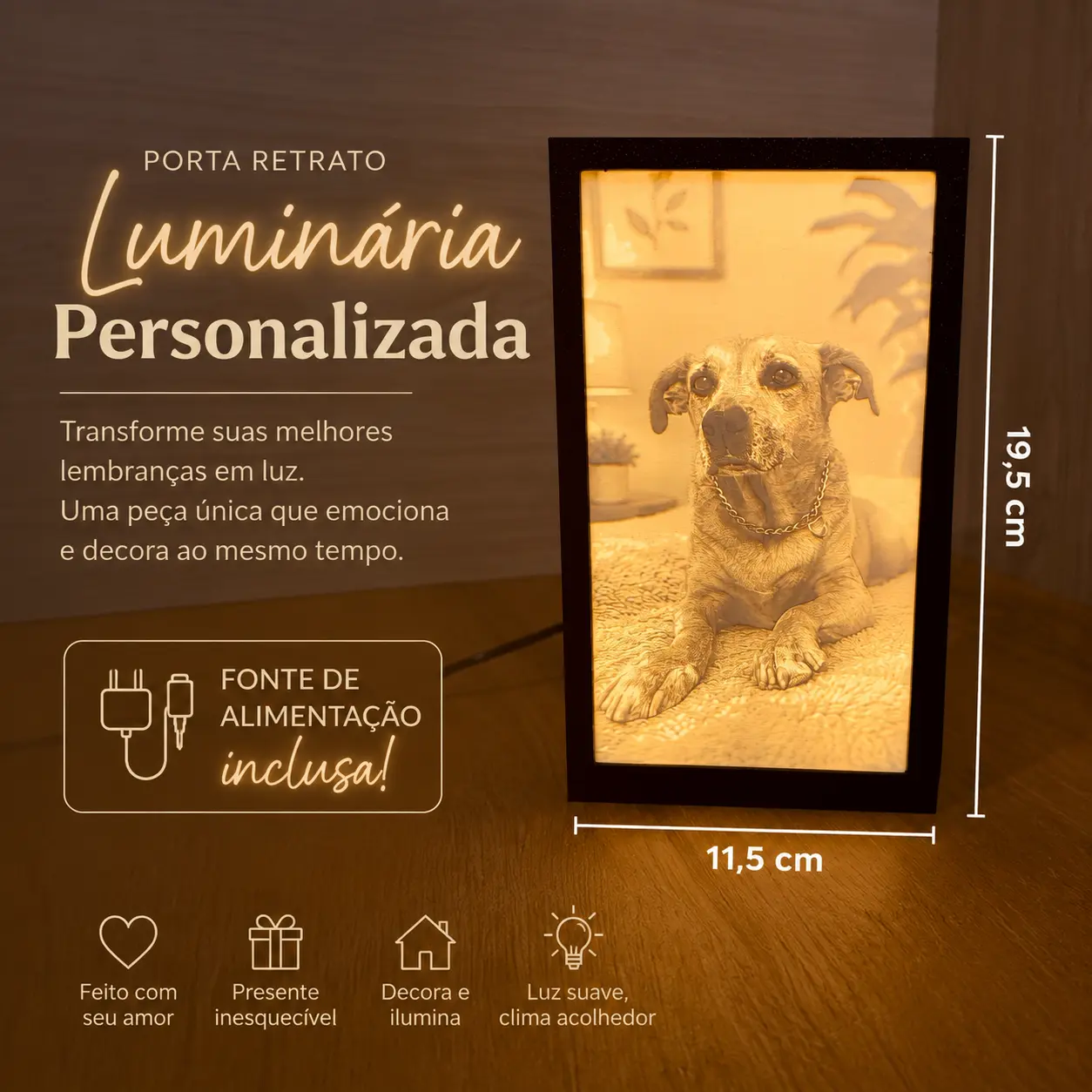 Luminária personalizada litofane acesa com foto de família